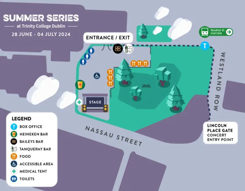 Map showing venue for the 2024 Summer Series concerts at Trinity College Dublin