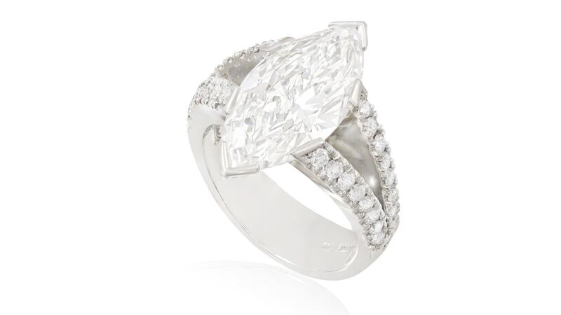 The top lot in Adam’s sale is a rare single stone diamond ring weighing 5.41 carats within a six claw setting, €180,000- €220,000