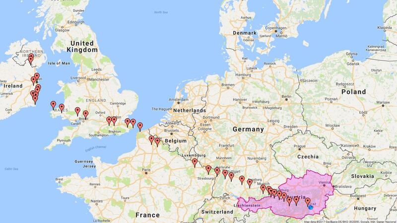 The 2,500 walk route will take in Austria, Germany, France, England and Wales, before reaching Ireland at Rosslare