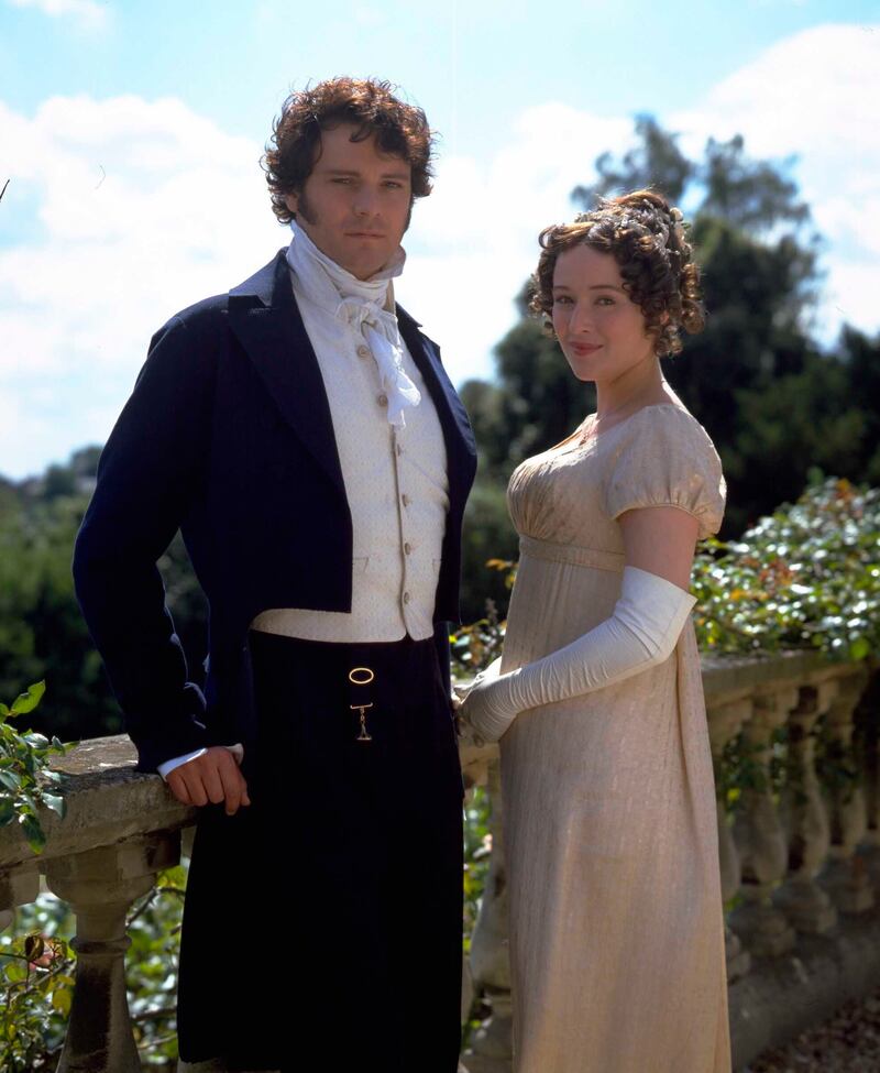 Actors Colin Firth and Jennifer Ehle in character as Mr Darcy and Elizabeth Bennet in period drama Pride And Prejudice circa 1995. Photograph: Mark Lawrence/TV Times via Getty Images