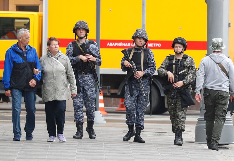 Russian servicemen patrol a street in downtown Moscow after counter-terrorism measures were enforced in the city and other Russian regions. Photograph: EPA-EFE
