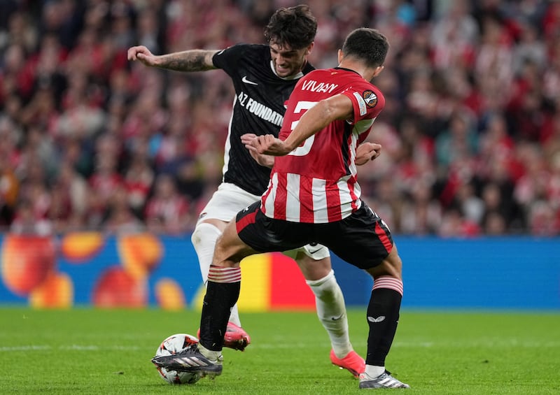 Troy Parrott in action for AZ Alkmaar during the Europa League game against Athletic Bilbao  at the San Mames stadium in Bilbao. Photograph: Cesar Manso/AFP via Getty Images