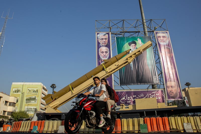 A banner in Tehran in October showing Iran’s supreme leader, Ayatollah Ali Khamenei, alongside several armed forces commanders who were killed in the Iran-Israel war in June 2025. Photograph: Arash Khamooshi/The New York Times