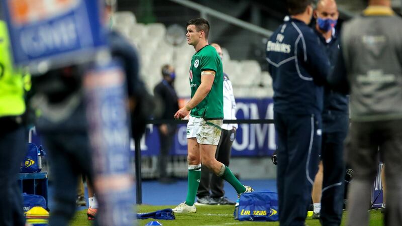 A dejected Johnny Sexton leaves the Stade de France pitch after being substituted in the Six Nations game against France in Paris last October. Photograph: James Crombie/Inpho