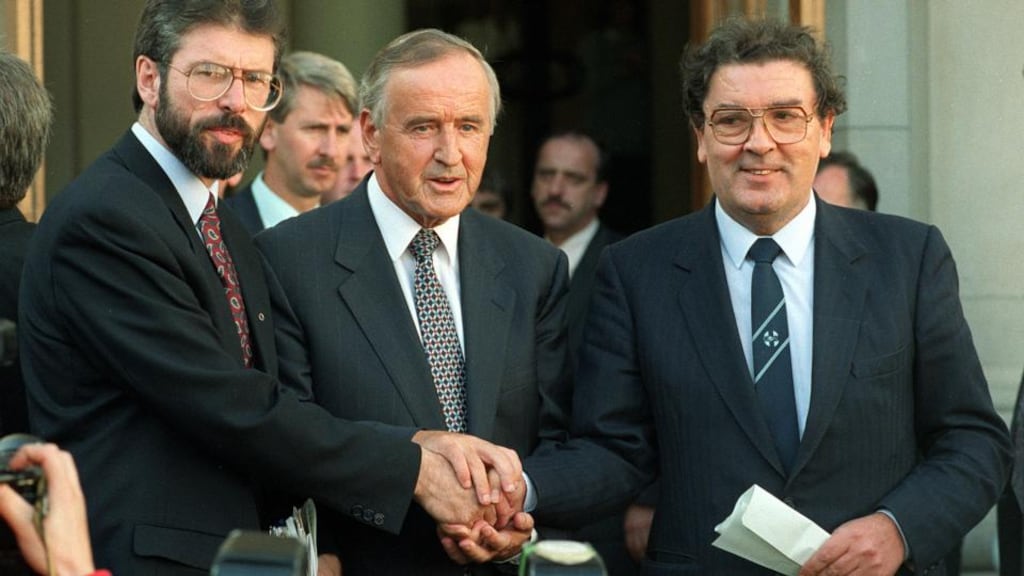 ‘Contrary to the insinuations of unionists and some academics that John Hume pursued an IRA ceasefire at the deliberate expense of any possible outcome from Brooke-Mayhew, the reality was that he was trying to get to a convergence of both processes.’ Above, taoiseach Albert Reynolds shakes hands with Sinn Féin leader Gerry Adams and SDLP leader John Hume outside Government Buildings on September 6th 1994 after a discussion of ways to advance the peace process following the IRA’s ceasefire announcement of August 31st. Photograph: Matt Kavanagh