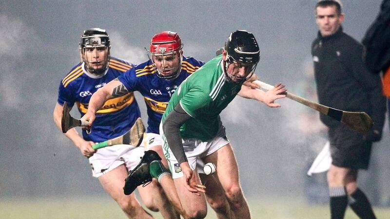 Limerick’s Conor Boylan in action against Tipperary’s Willie Connors during the Allianz Hurling League Division 1A match at the Gaelic Grounds. Photograph: Ken Sutton/Inpho