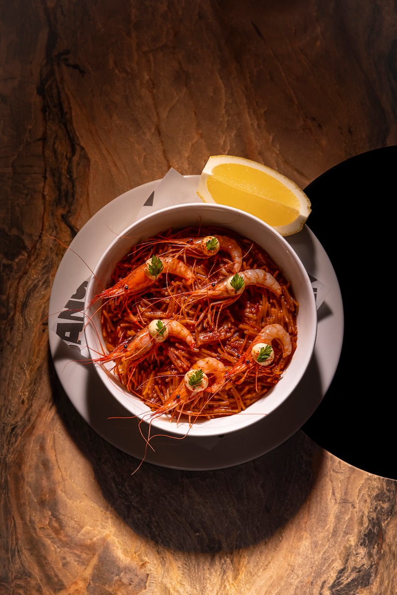 Fideuà, Casteltownbere shrimp, alioli at Bang