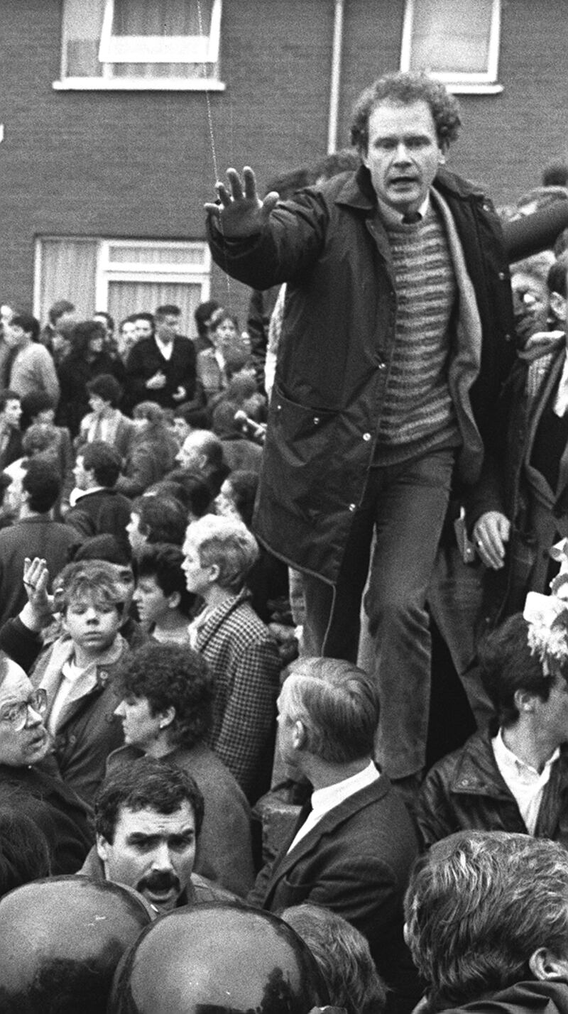 Freddie Scappaticci (bottom left, with moustache) at the 1987 funeral of IRA man Larry Marley, with Sinn Féin leader Martin McGuinness at top right. Photograph: Pacemaker
