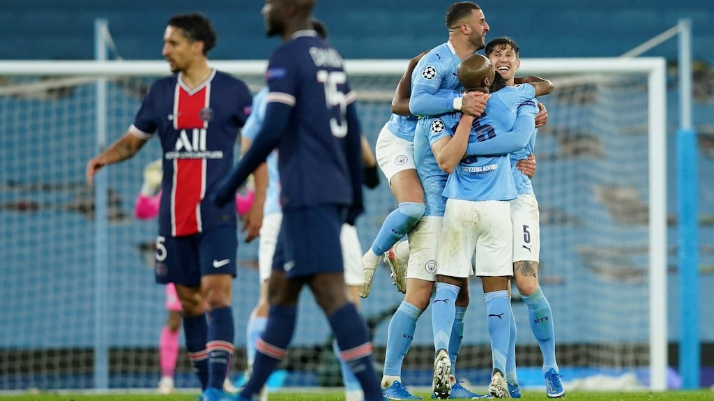 Manchester City’s players celebrate after beating PSG to reach the Champions League final. Photo: Dave Thompson/AP Photo