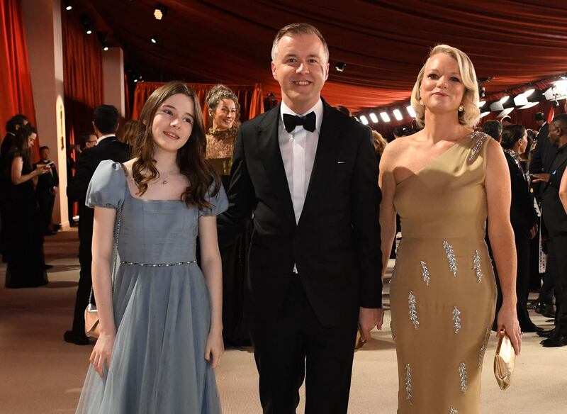 Quiet arrival: Actor Catherine Clinch (left), with The Quiet Girl's director Colm Bairéad and producer Cleona Ní Chrualaoi at the Dolby Theatre. Photograph: Valerie Macon/AFP