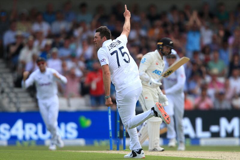 Jamie Overton celebrates his maiden Test wicket after dismissing Devon Conway. Photograph: Lindsey Parnaby/AFP/via Getty Images