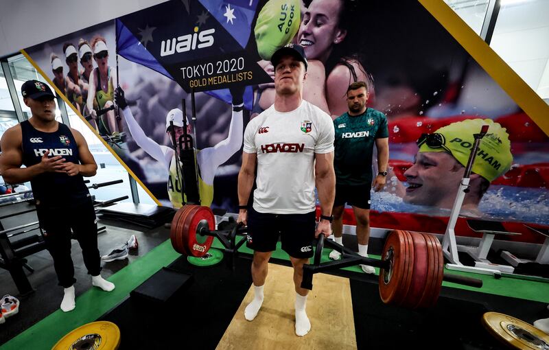 Josh van der Flier with Duhan van der Merwe and Tadhg Beirne training with the Lions. Photograph: Billy Stickland/Inpho
