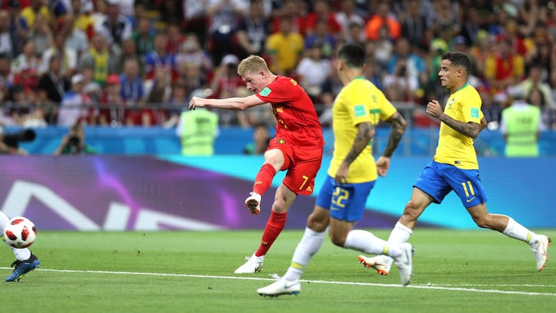 Kevin De Bruyne scores Belgium’s second goal against Brazil in Kazan. Photograph: Buda Mendes/Getty