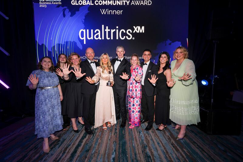 The Qualtrics team celebrate their win in the global community category at the American Chamber US-Ireland Business Awards.
Photograph: Chris Bellew/Fennell Photography