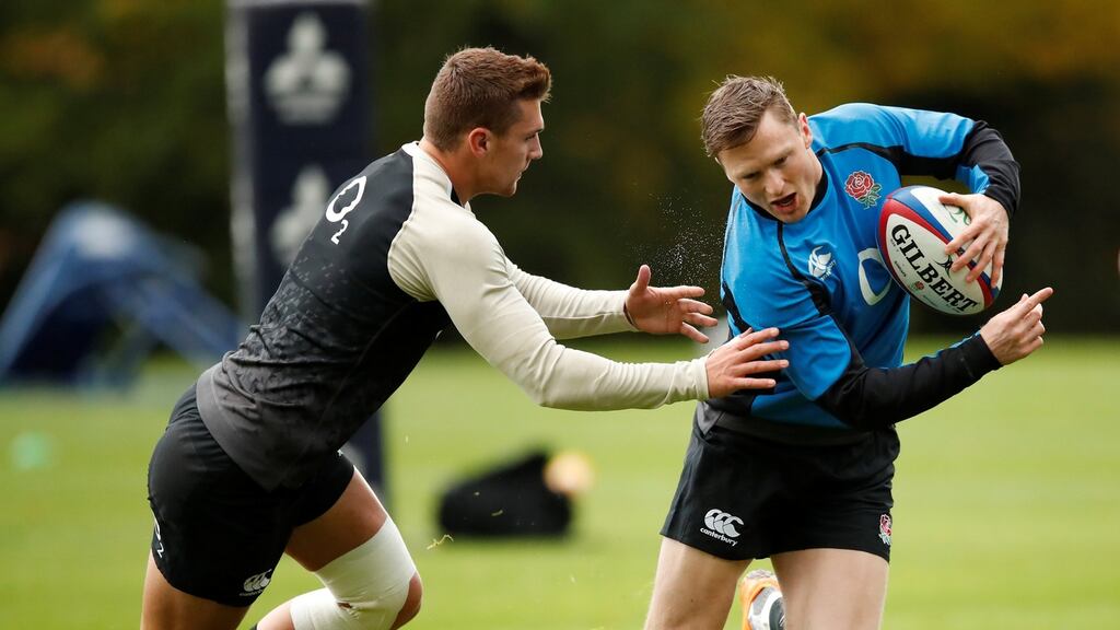 England’s Henry Slade and Chris Ashton during squad training in Bagshot, Surrey. Photograph: Andrew Boyers/Reuters