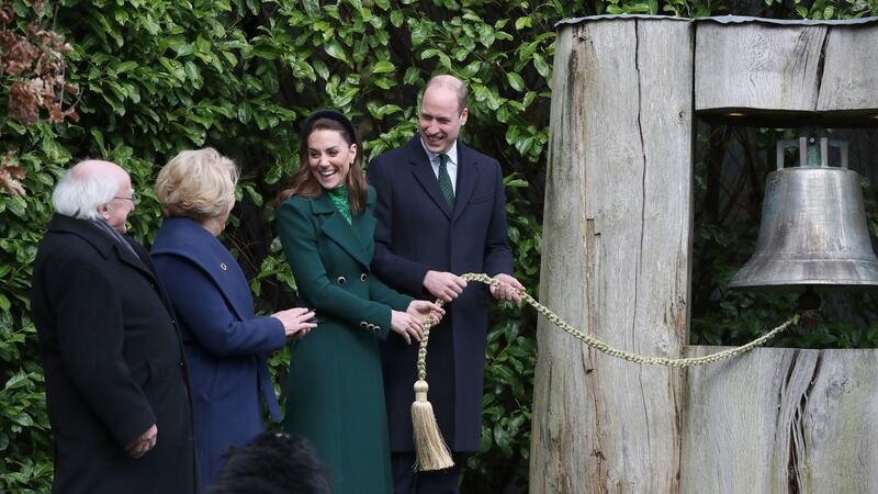The Duke and Duchess of Cambridge ring the Peace Bell as they meet President Michael D Higgins and his wife Sabina at Áras an Uachtaráin. Photograph: Liam McBurney/PA Wire