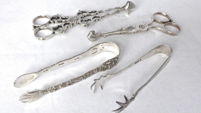 Selection of sugar tongs, nips and asparagas tongs, (from €48-€675), The Silver Shop, Powerscourt Centre.