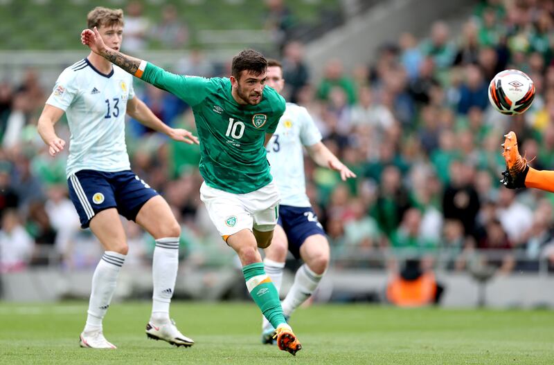 Ireland’s Troy Parrott scores his side's second goal. Photograph: James Crombie/Inpho