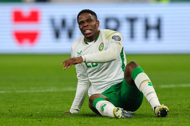 Ireland's Chiedozie Ogbene reacts after injury. Photograph: Ryan Byrne/Inpho