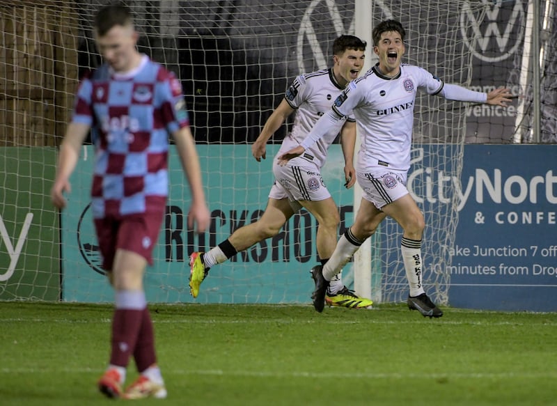 Colm Whelan of Bohemians celebrates after scoring a goal during the SSE Airtricity League Premier Division match against Drogheda United at Sullivan & Lambe Park. Photograph: Andrew Paton/Inpho