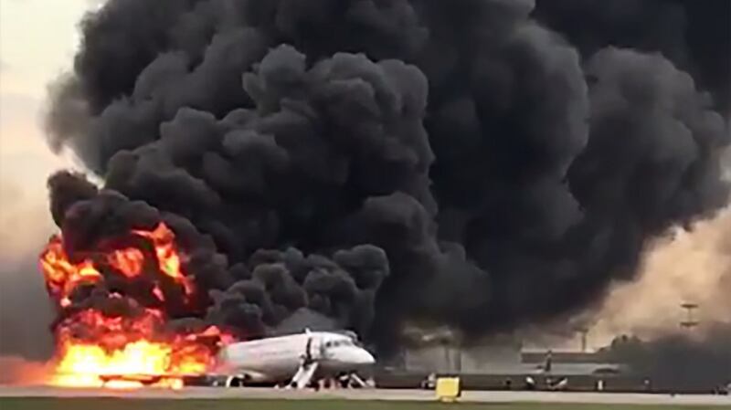 A Russian-made Superjet-100 caught fire during an emergency landing  at Sheremetyevo airport outside Moscow. Photograph: Handout/Instagram/AFP/Gunkevitch