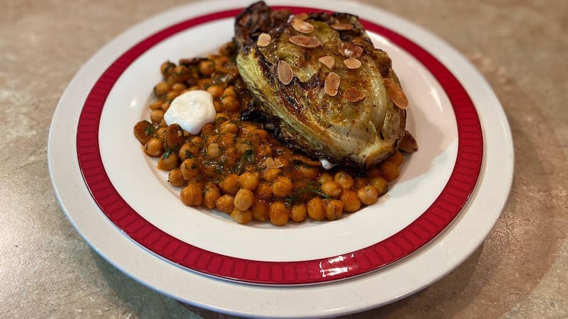 Roast cabbage, chorizo, chickpea and spiced tomato sauce.