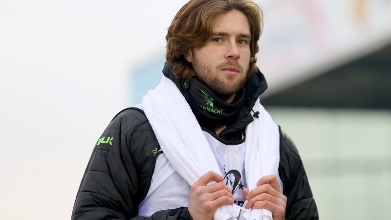 Connacht’s Mack Hansen at the Sportsground, Galway during their Heineken Champions Cup Round 3 game against Leinster last Saturday. Photograph: James Crombie/Inpho