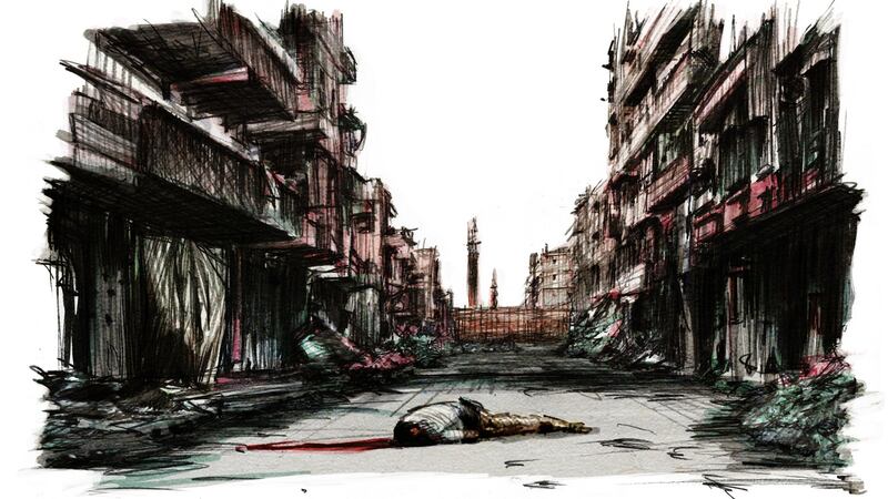 Jalal, the husband of Sameh, lies dead in a street. Sameh, who is 40, is the sole provider for five children and Jalal’s mother. Illustration:  Marc Corrigan  Jalal, the husband of Sameh, lies dead in a street. Sameh, who is 40, is the sole provider for five children and Jalal’s mother. Illustration:  Marc Corrigan