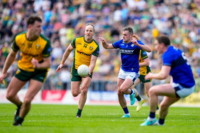 Donegal's Michael Murphy takes the ball forward against Kerry during last Saturday's All-Ireland Senior Football Championship round-one clash at Fitzgerald Stadium, Killarney. Photograph: James Lawlor/Inpho