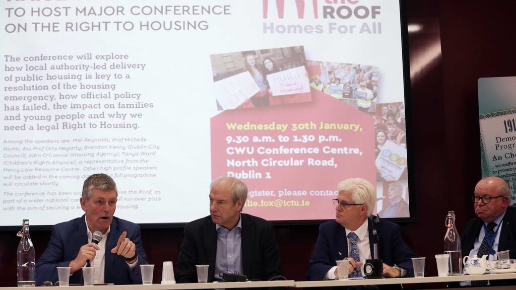Tony Fahey of UCD; chairman of the Housing Agency John O’Connor; Siptu general secretary Joe O’Flynn; and Dublin City Council’s Brendan Kenny during a discussion on delivering public housing. Photograph: Sam Boal/RollingNews.ie