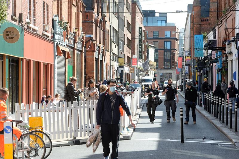 Pedestrians make use of the new space on Drury Street in the city centre. Photograph: Dara Mac Donaill/The Irish Times