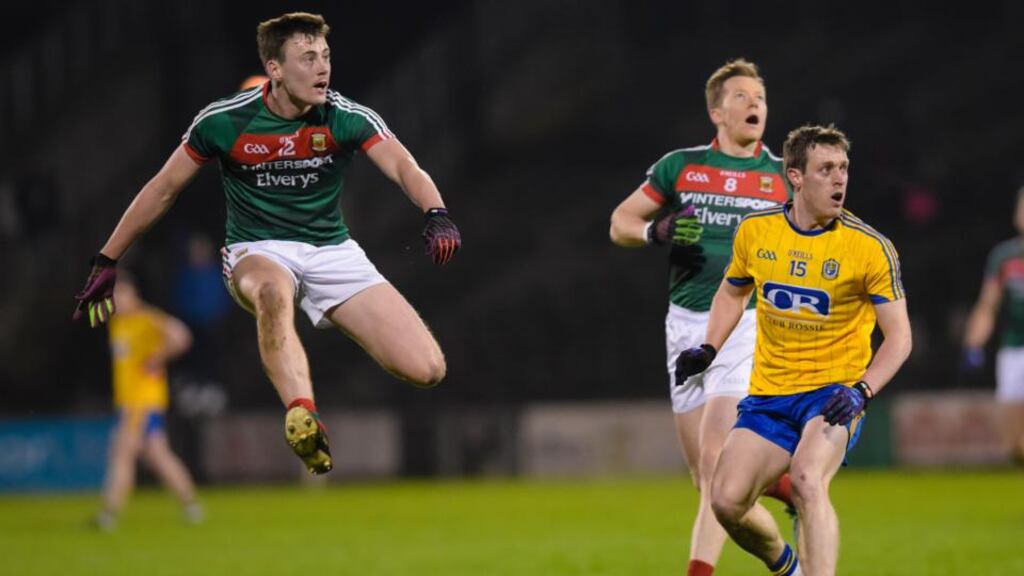 Mayo’s Diarmuid O’Connor scores a point during the Allianz Football League Division one match against Roscommon at  MacHale Park in Castlebar. Photograph:  Tom Beary/Inpho