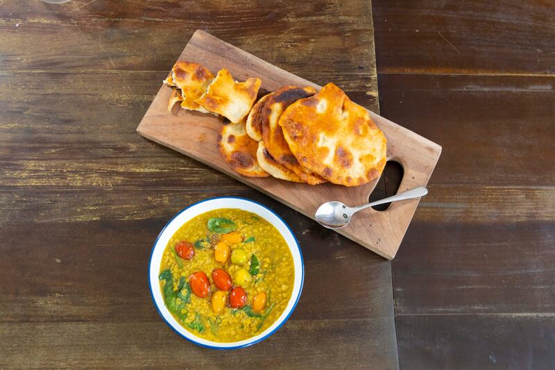 The Tannery Restaurant: Pictured is Chef Paul Flynn dish, Coconut Dahl, tempered tomatoes and soft flatbread. Photograph: Patrick Browne