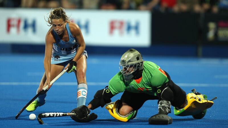 Australian goalkeeper Rachael Lynch saves from Argentina’s Delfina Merino during their World Cup quarter-final penalty shootout. Photograph:  Christopher Lee/Getty