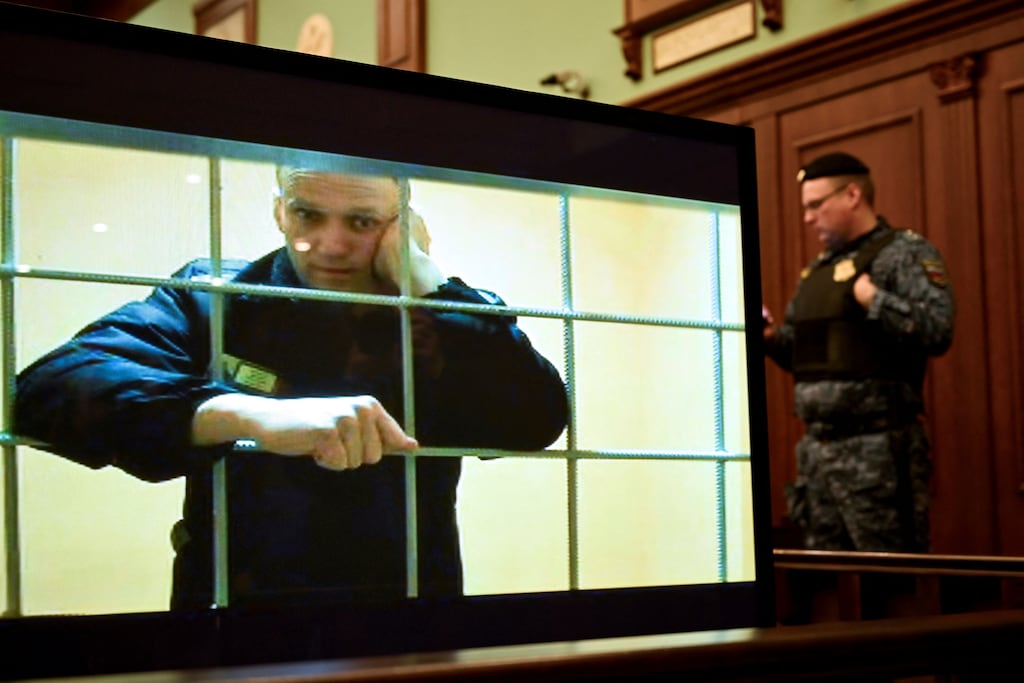 Alexei Navalny appears on a screen set up at a courtroom of the Moscow city court via a video link from his prison colony during a hearing of an appeal against the nine-year prison sentence he was handed in March after being found guilty of embezzlement and contempt of court on May 24th. Photograph: Alexander Nemenov/AFP via Getty Images
