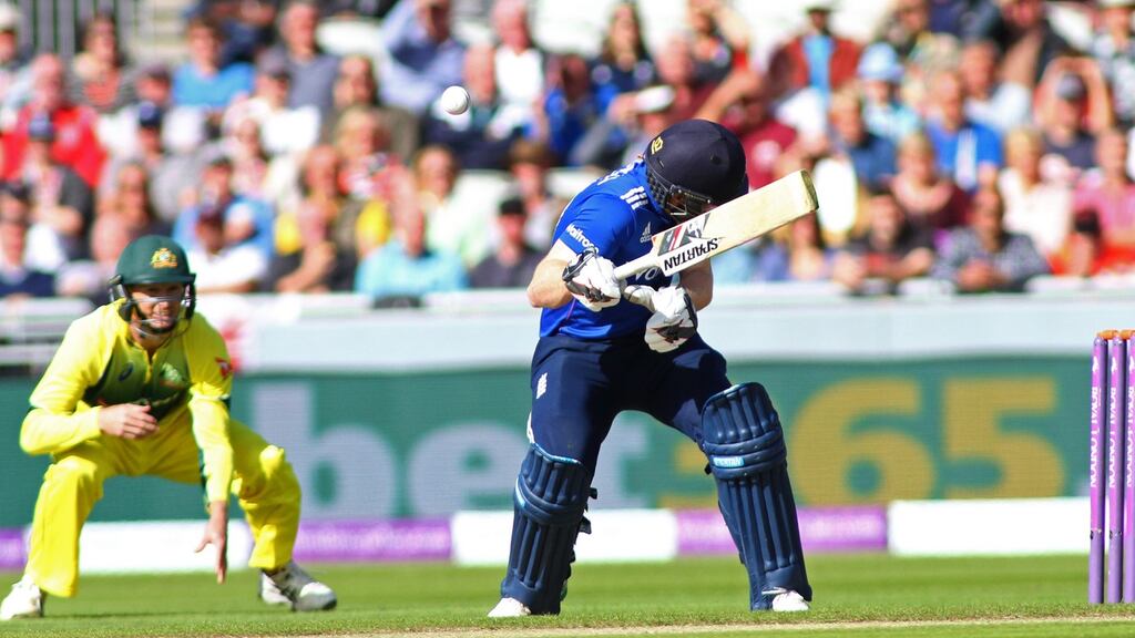 Englands’ Eoin Morgan is struck on the head off the bowling of Mitchell Starc of Australia during the 5th Royal London One-Day International between England and Australia at Old Trafford. Photo: Mitchell Gunn/Getty Images