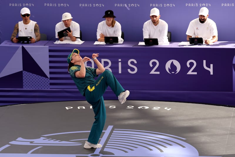 B-Girl Raygun of Team Australia in action during the Paris Olympics. Photograph: Ezra Shaw/Getty Images