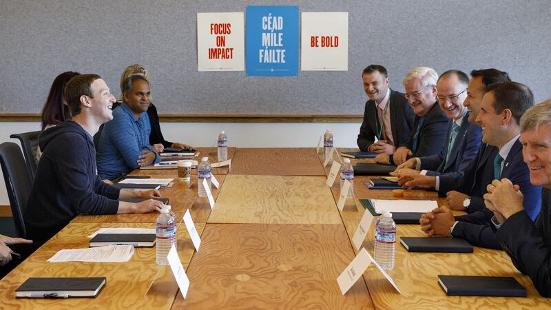 Mark Zuckerberg and Facebook executives meet Taoiseach Leo Varadkar and officials at Menlo Park, Silicon Valley, California, on Facebook’s expansion plans in Ireland. Photograph: Facebook