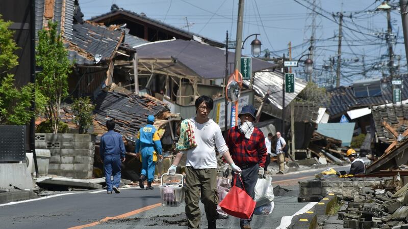 Houses destroyed in the earthquakes in Mashiki in Kumamoto prefecture on April 17th.  Photograph: Kazuhiro Nogi/AFP/Getty Images