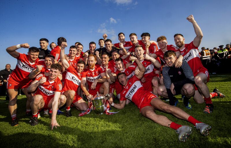 Derry players celebrate their Ulster SFC victory over Armagh in Clones. Photograph: Tom Maher/Inpho