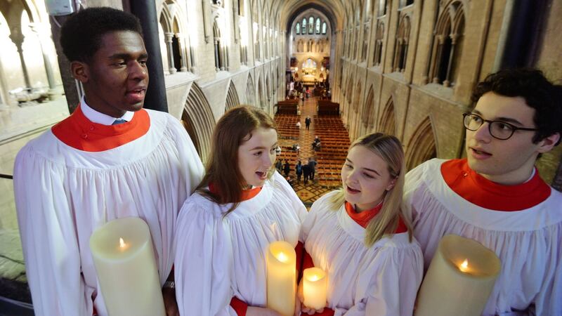 Daniel Ohoka, Ella Giles, Sofia-Rose Deeleman and Andreï Zündell, members of King’s Hospital School chapel choir, at a service in St Patrick’s Cathedral  to mark the school’s 350th anniversary. Photograph: Alan Betson / The Irish Times