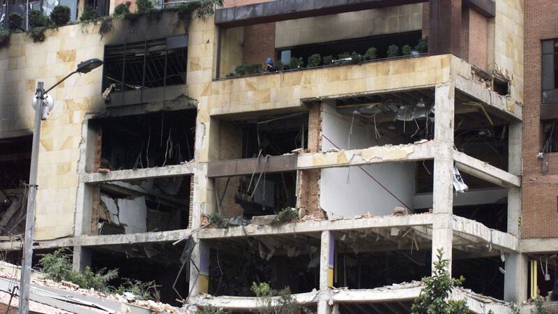 El Nogal club on February 8th, 2003, in Bogota. In all, 36 people died in a bombing at the club the previous day, and about 200 were injured. Photograph:  Carlos Villalon/Getty Images
