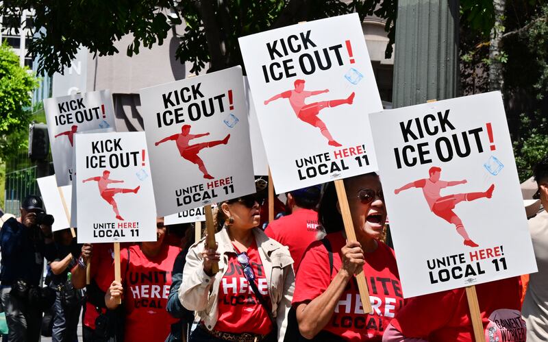 Workers at SoFi Stadium protest outside the Fifa World Cup 26 Los Angeles office calling for Immigration and Customs Enforcement (Ice)  personnel to be banned from the World Cup on May 1st, 2026. Photograph: Frederic J  Brown/AFP/Getty 