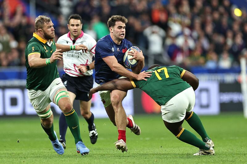Damian Penaud during the 2023 World Cup quarter-final between France and South Africa at the Stade de France, Paris, on October 15th, 2023. Photograph: Franck Fife/AFP