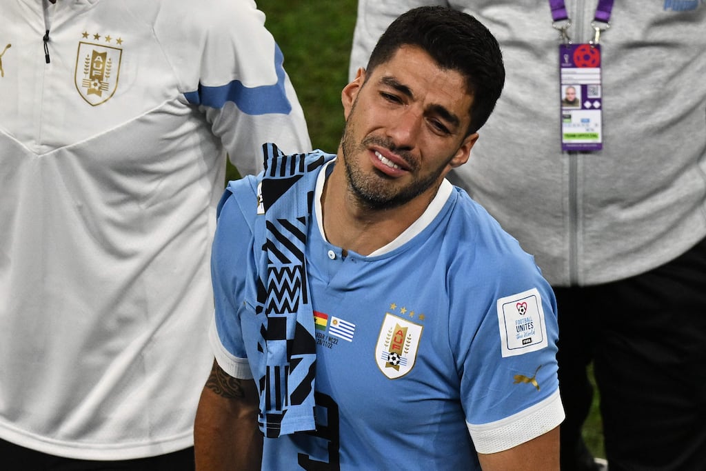 Uruguay's forward Luis Suarez reacts after his team go out of the World Cup. Photograph: Philip Fong/AFP via Getty