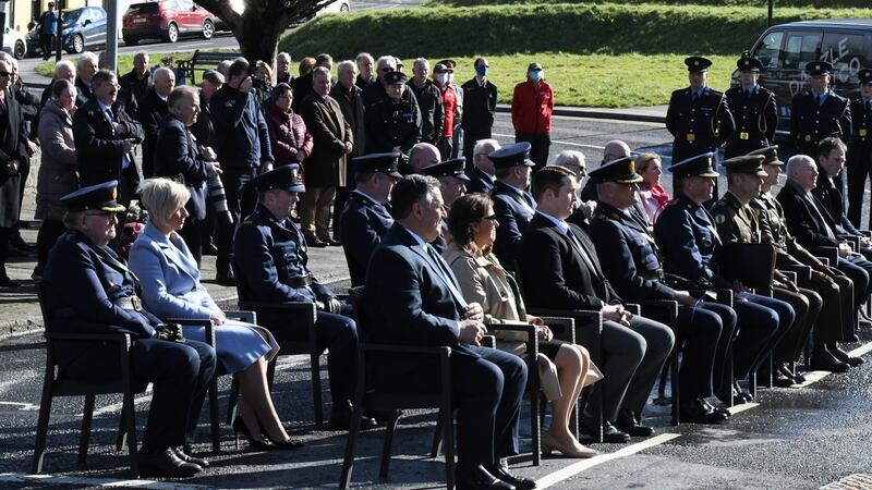 A crowd in attendance at the unveiling of a plaque commemorating the first member of An Garda Síochana, PJ Kerrigan,  at Westport Garda station. Photograph: Garda Síochana/Twitter