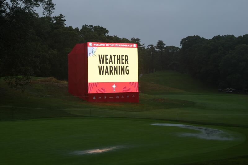 A weather warning is displayed on the course ahead of the Ryder Cup at Bethpage Black. Photograph: Carl Recine/Getty Images