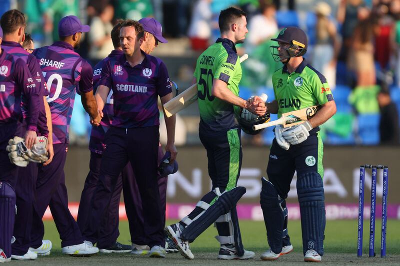 Curtis Campher and George Dockrell celebrate their match-winning stand. Photograph: David Gray/AFP via Getty Images