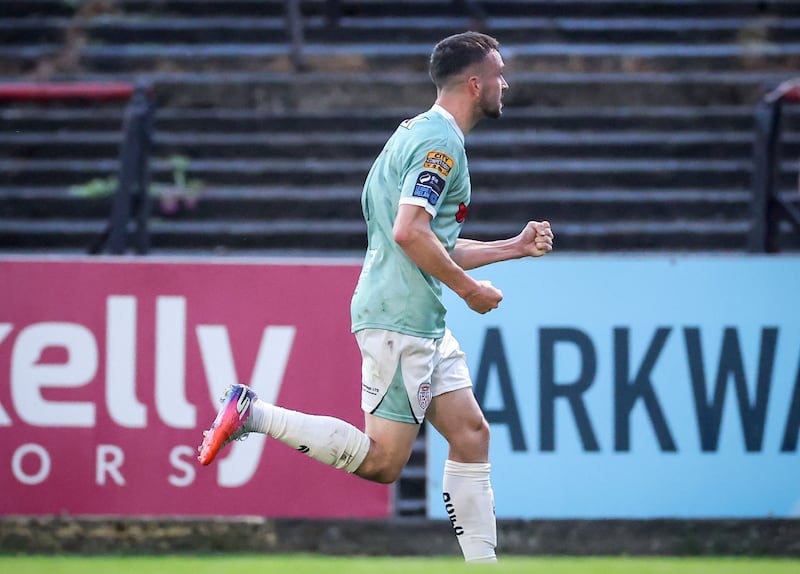 Michael Duffy celebrates scoring Derry's first goal. Photograph: Dan Clohessy/Inpho