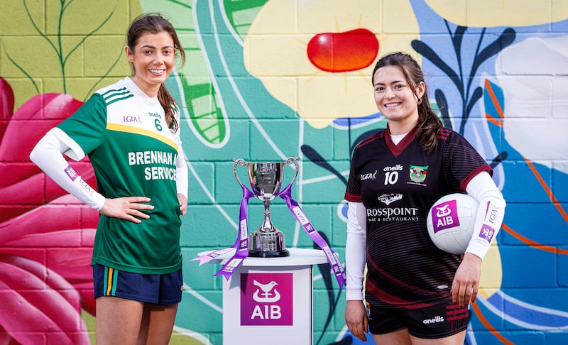 Máirín Duffy (Cromane) and Clodagh Hanlon (Muckalee) ahead of the AIB LGFA All-Ireland Junior Club Championship Final between Cromane and Muckalee. Photograph: Morgan Treacy/Inpho